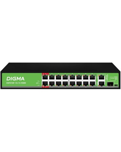 DSP216F-1G-1C-R300 (L2) 16х100Мбит/с 1х1Гбит/с 1хКомбо(1000BASE-T/SFP) 16PoE 16PoE+ 2PoE++ 300W. Коммутатор с питанием по PoE. Digma в Новомосковске