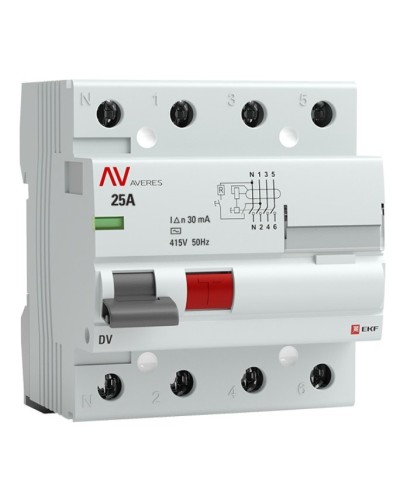 DV 4P 25А/ 30мА (AC)  AVERES (rccb-4-25-30-ac-av). Выключатели дифференциального тока (УЗО). EKF в Новомосковске