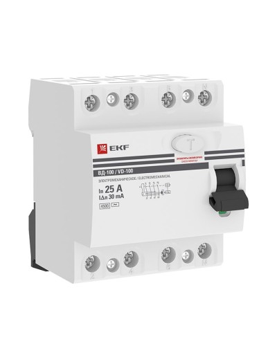 УЗО ВД-100 4P 25А 30мА тип AC эл-мех  PROxima (elcb-4-25-30-em-pro). Выключатель дифференциального тока (УЗО). EKF в Новомосковске