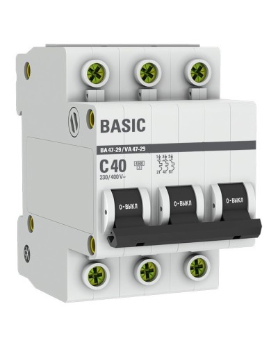 Автоматический выключатель 3P 40А (C) 4,5кА ВА 47-29 Basic (mcb4729-3-40C). Автоматический выключатель. EKF в Новомосковске