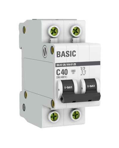 Автоматический выключатель 2P 40А (C) 4,5кА ВА 47-29 Basic (mcb4729-2-40C). Автоматический выключатель. EKF в Новомосковске