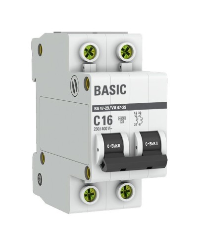 Автоматический выключатель 2P 16А (C) 4,5кА ВА 47-29 Basic (mcb4729-2-16C). Автоматический выключатель. EKF в Новомосковске