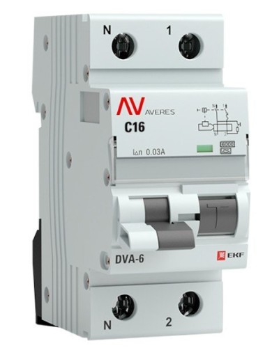 DVA-6 1P+N 16А (C) 30мА (AC) 6кА  AVERES (rcbo6-1pn-16C-30-ac-av). Автоматический выключатель дифференциального тока. EKF в Новомосковске