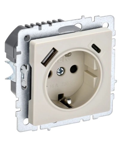 Розетка с з/к с USB A+C 18Вт РЮш11-1-БрКр бежевый BRITE (BR-R14-16-U22-018-K10). Розетка с заземлением с защитными шторками, 18Вт. IEK в Новомосковске