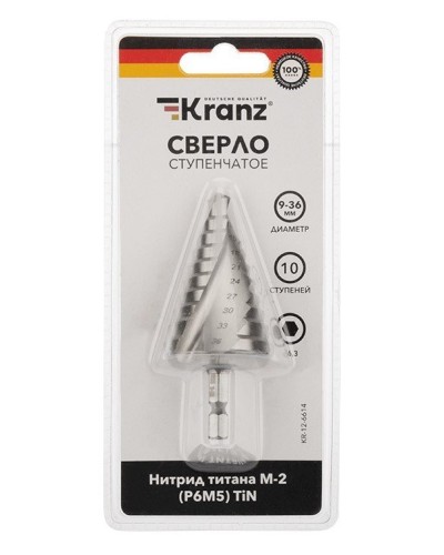 Сверло по металлу ступенчатое ТИТАН 9,0-36,0 мм 110 mm 65 HRC Р6М5 TiN Kranz (KR-12-6614): Сверло по металлу шлифованное в Новомосковске