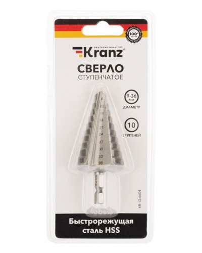 Сверло по металлу ступенчатое 9,0-36,0 мм 110 mm 62 HRC Kranz (KR-12-6604): Сверло по металлу шлифованное в Новомосковске