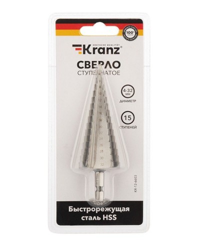 Сверло по металлу ступенчатое 4,0-32,0 мм 102 mm 62 HRC Kranz (KR-12-6603): Сверло по металлу шлифованное в Новомосковске